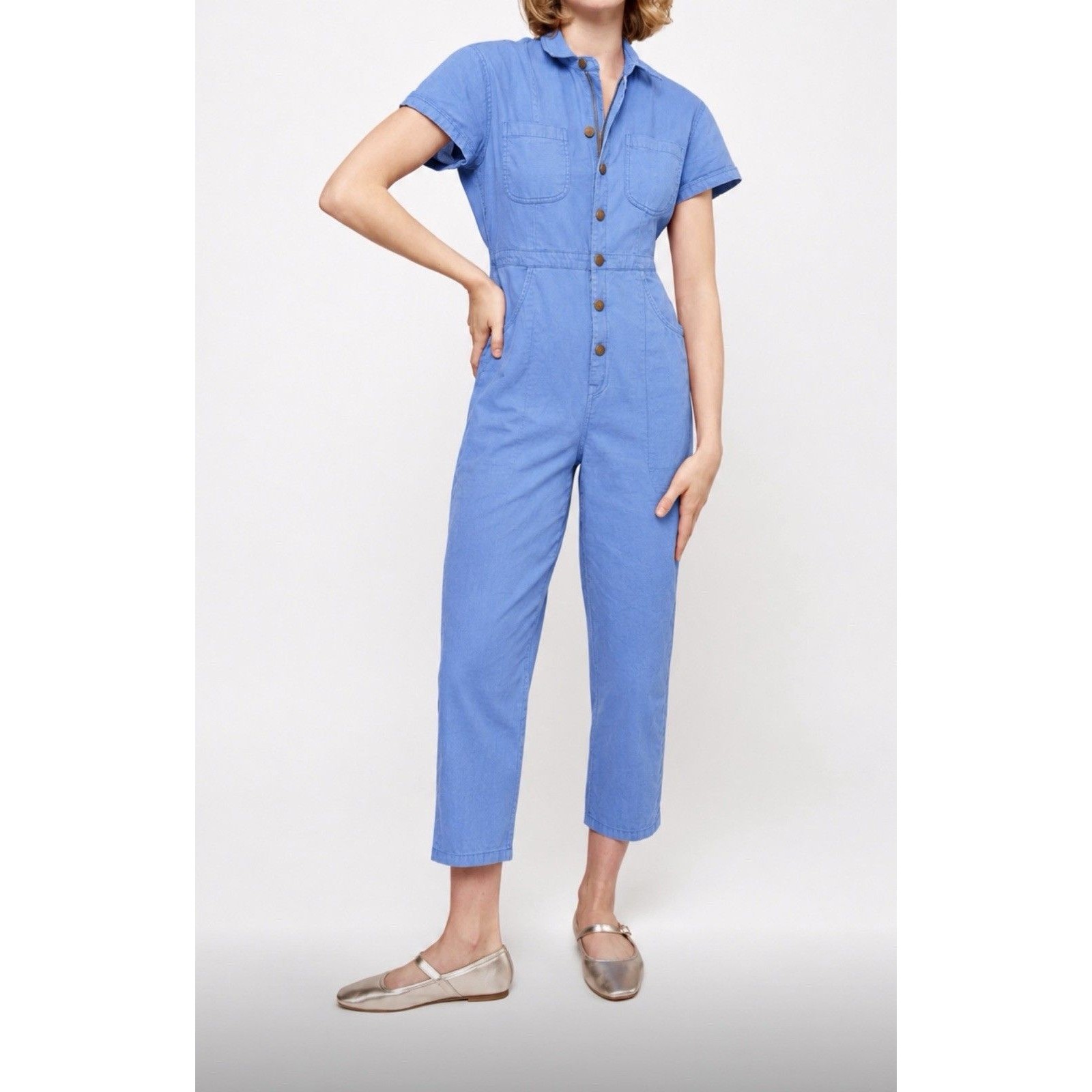 Mixed By Nasrin Classic Jumpsuit Sz Xl Blue Cotton Blend Short Sleeve Zip Front